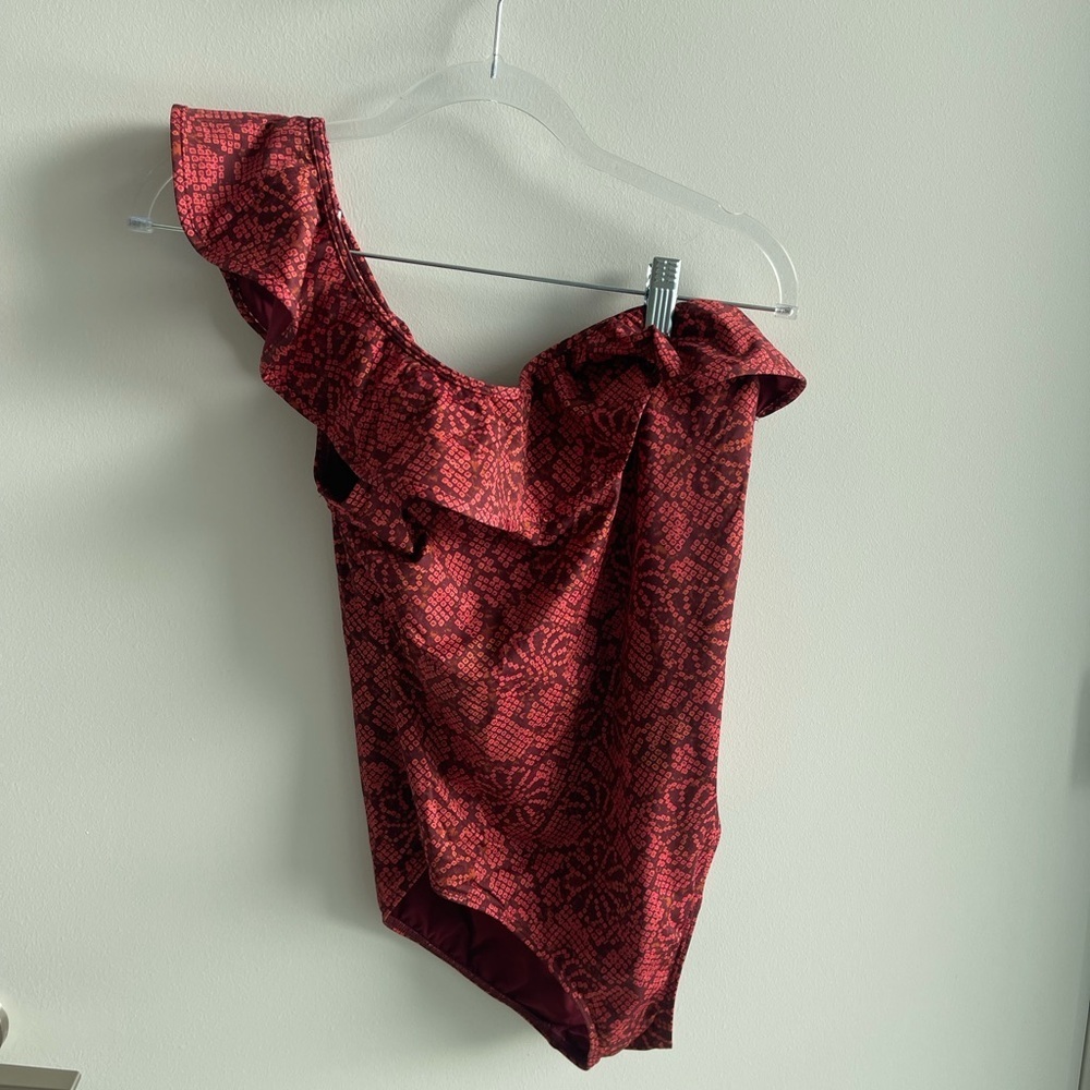 ULLA JOHNSON Red Patterned One-Shoulder Swimsuit
